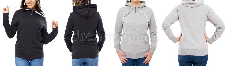 Gris et vue d'avant d'ensemble de hoodie et arrière noire d'isolement sur le fond blanc - moquerie de capot photo stock Gris et vue d'avant d'ensemble de hoodie et arrière noire d'isolement sur le fond blanc - moquerie de capot photo stock