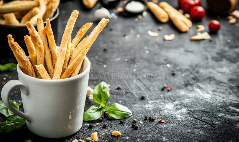 Grissini breadsticks in a cup on rustic background vector illustration