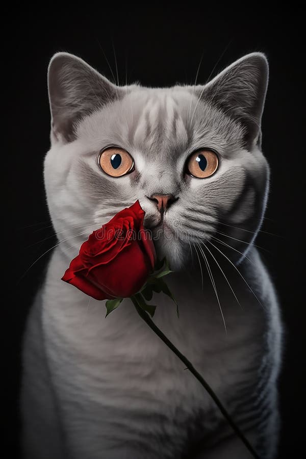 Grisáceo grisáceo gato británico con una rosa roja sobre fondo negro. imagen de archivo