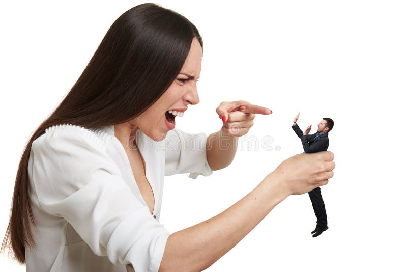 Emotional yelling women pointing at small scared men over white background. Emotional yelling women pointing at small scared men over white background