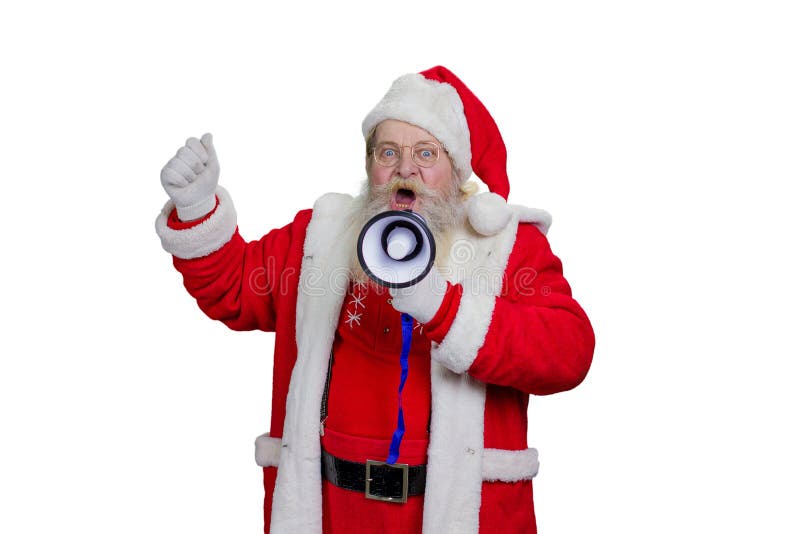 Bearded Santa Claus shouting in megaphone. Studio shot of Santa Claus loudly speaking in megaphone, white background. Santa Claus talking in megaphone, close up portrait. Bearded Santa Claus shouting in megaphone. Studio shot of Santa Claus loudly speaking in megaphone, white background. Santa Claus talking in megaphone, close up portrait.