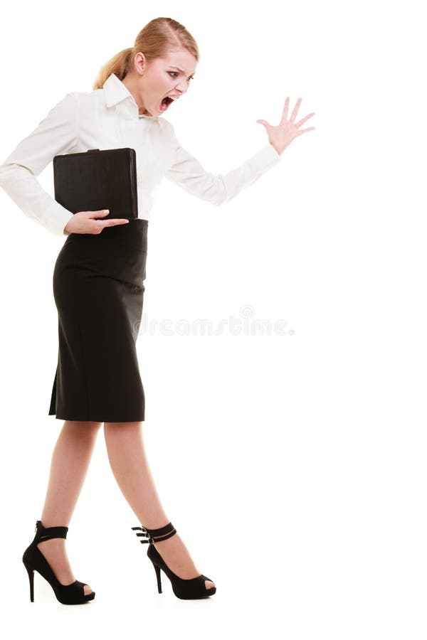 Gritaria gritando do professor louco completo da mulher de negócios do comprimento fotografia de stock Gritaria gritando do professor louco completo da mulher de negócios do comprimento fotografia de stock