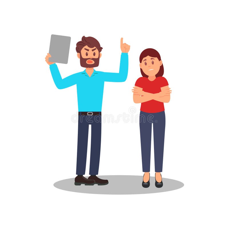 Gritaria irritada do homem na mulher Saliência e empregado Emoções negativas Situação do esforço Projeto liso isolado do vetor ilustração do vetor Gritaria irritada do homem na mulher Saliência e empregado Emoções negativas Situação do esforço Projeto liso isolado do vetor ilustração do vetor