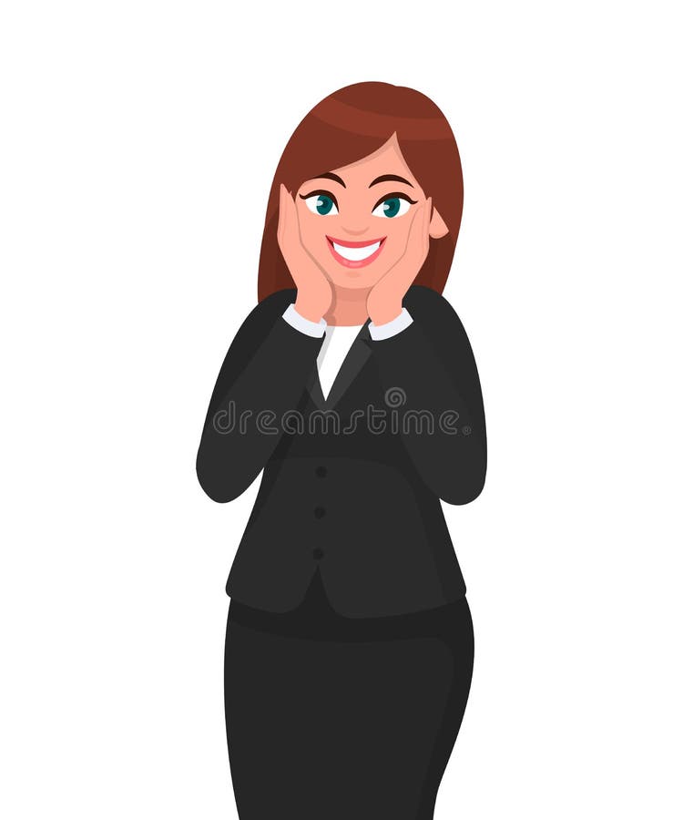 Gritos felizes e surpreendidos, retirados da mulher de negócios que guardam mordentes à mão ilustração stock Gritos felizes e surpreendidos, retirados da mulher de negócios que guardam mordentes à mão ilustração stock