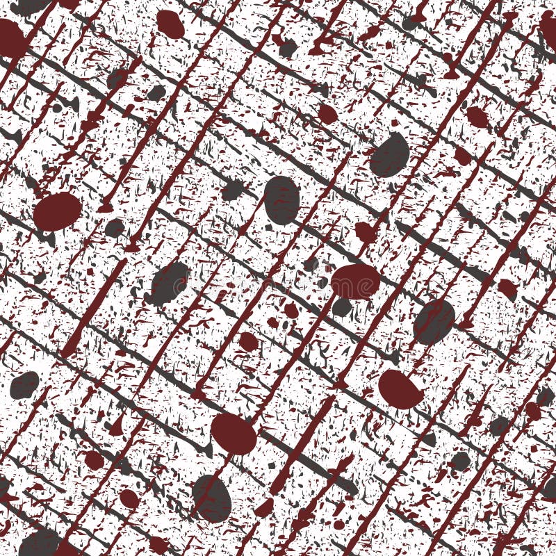 Gritty black and red scratched grunge grid with random specks and spatter marks. Seamless vector pattern on white