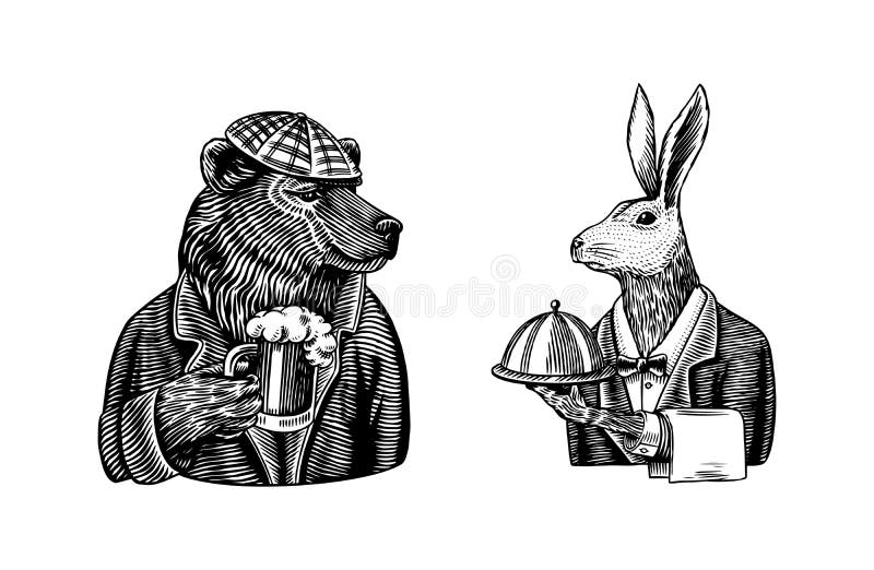Grizzly Bear with a beer mug. Hare waiter. Brewer with a glass cup. Fashion animal character. Rabbit flunky or garcon vector illustration