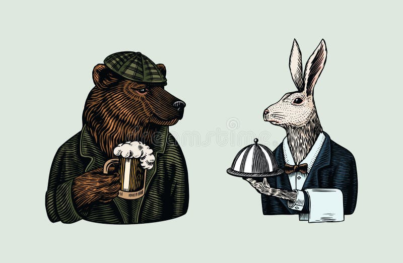 Grizzly Bear with a beer mug. Hare waiter. Brewer with a glass cup. Fashion animal character. Rabbit flunky or garcon royalty free illustration