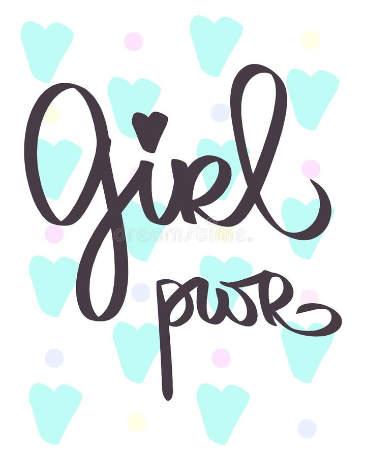 GRL PWR Abbreviation. Handdrawn lettering Girl Power. Woman slogan. Feminism text. Phrase for girls. Greeting card blue hearts
