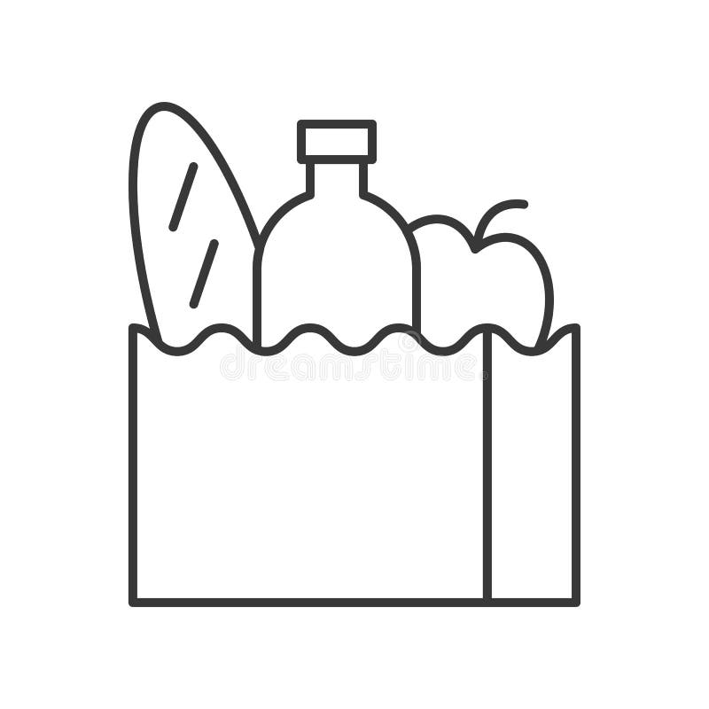 Grocery Bag with Bread, Water Bottle, Apple, Food Outline Icon Stock