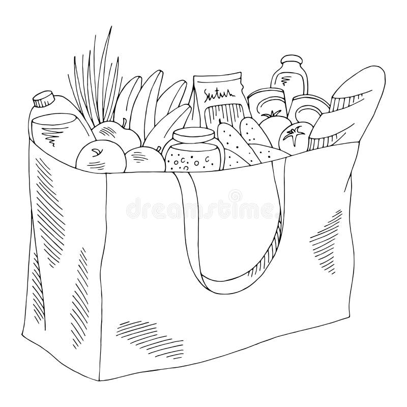 Grocery Bag Graphic Isolated Black White Sketch Illustration Vector