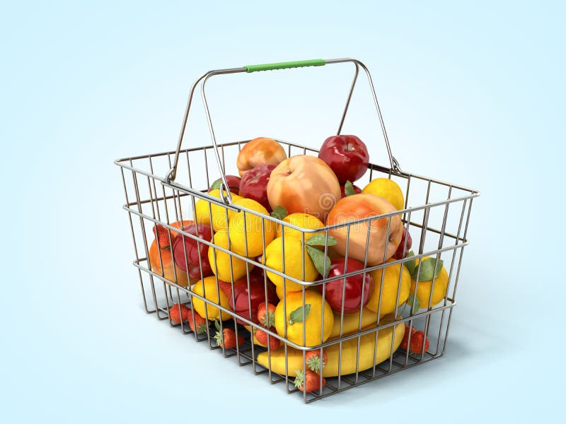 Grocery Basket with Fruit Concept of Fresh Food Sale 3d Render on Green