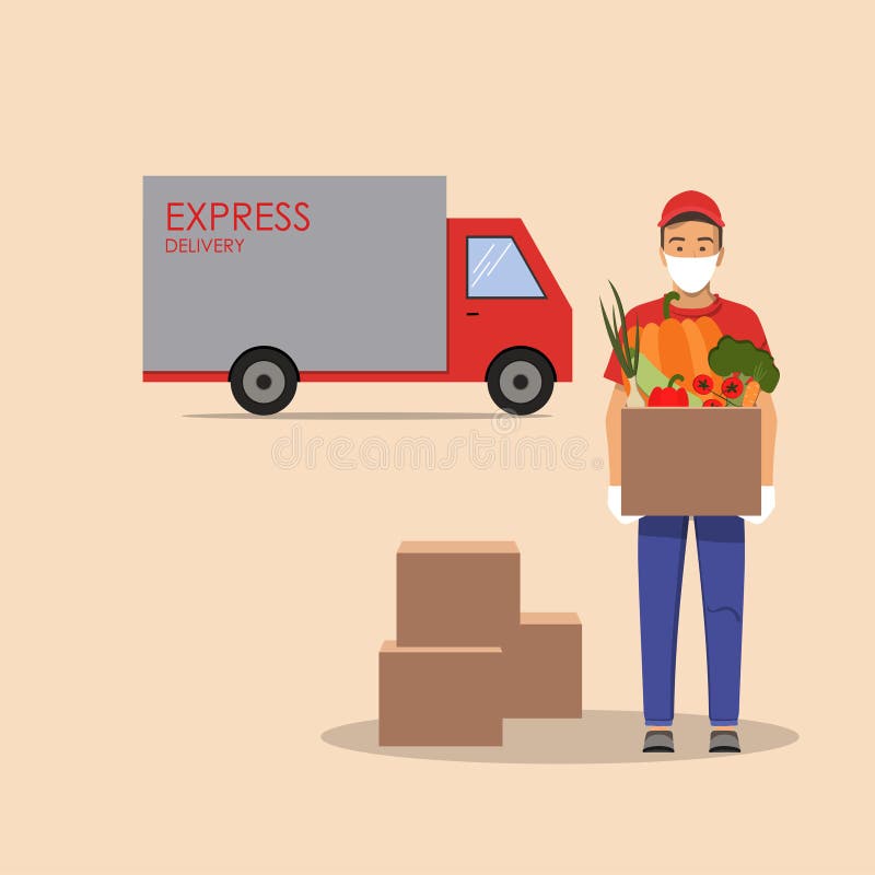 Grocery Express Delivery Boy Holding Cardboard Box with Vegetables