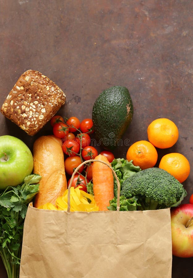 Grocery food shopping bag - vegetables, fruits, bread. Brown, paper.