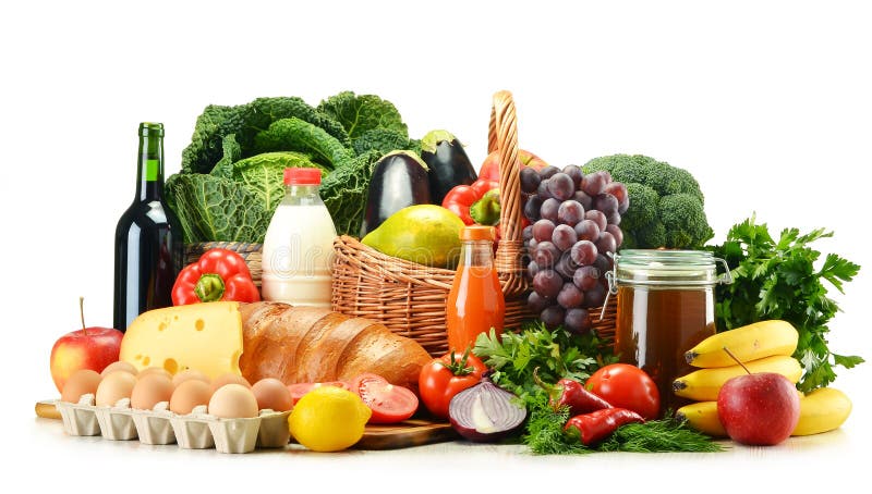 Grocery products including vegetables, fruits, dairy and drinks