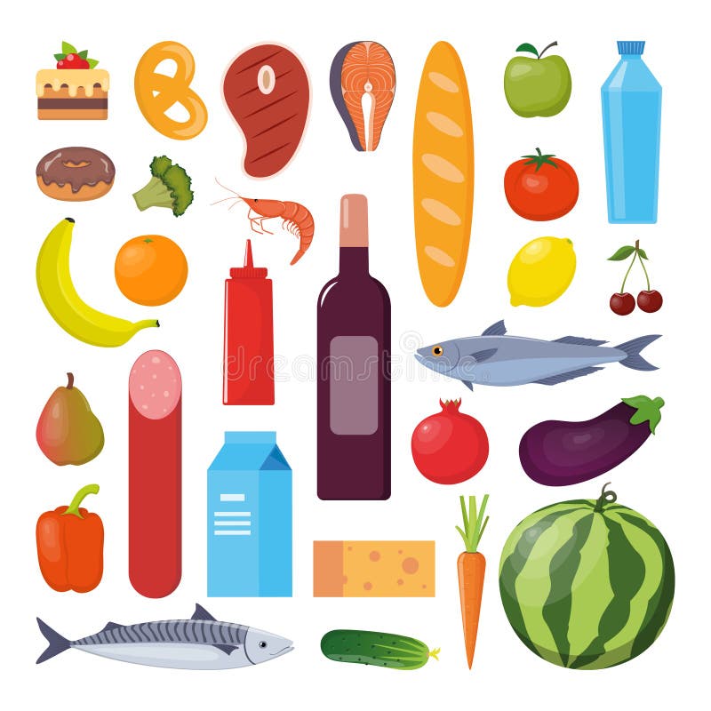 Grocery set. Milk, vegetables, meat, bread, cheese, sausages, wine, fruits, fish, cereal, juice. Vector illustration, flat design