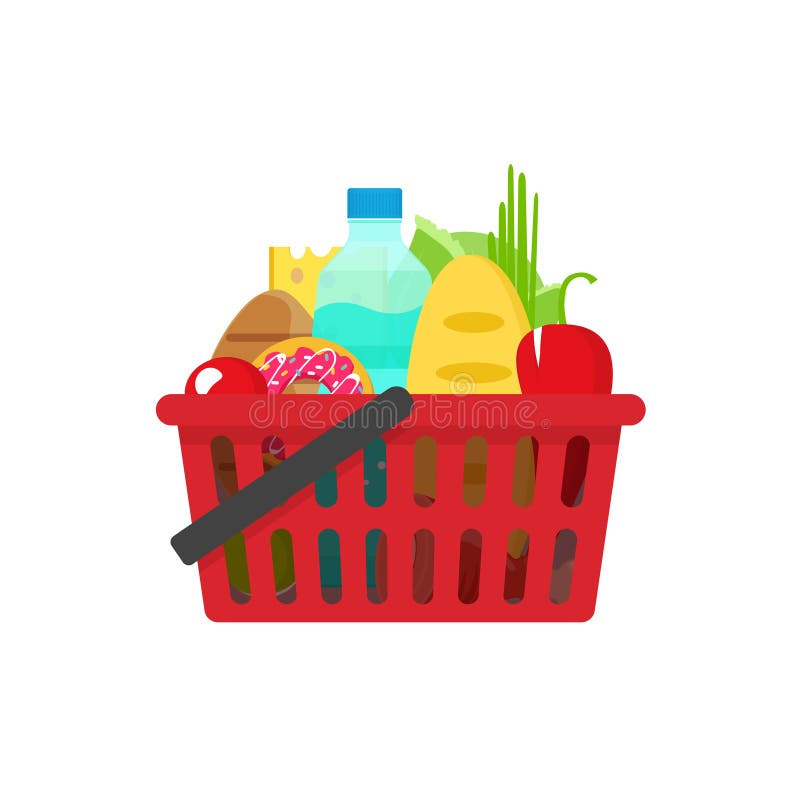 Grocery Shopping Basket Vector Illustration, Full Of Healthy Groceries