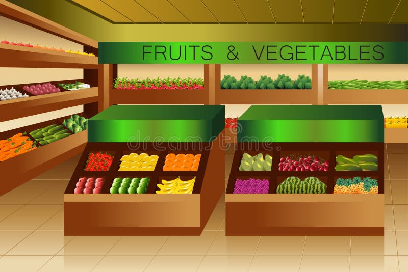Grocery Store Fruits and Vegetables Section Stock Vector