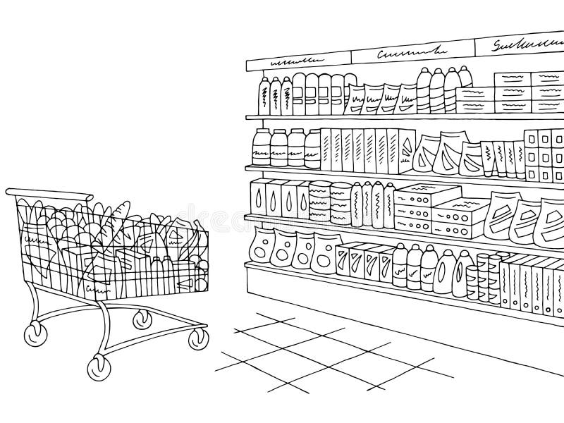 Grocery Store Shop Interior Black White Graphic Sketch Illustration Vector  Stock Vector - Illustration of architecture, cartoon: 107382334