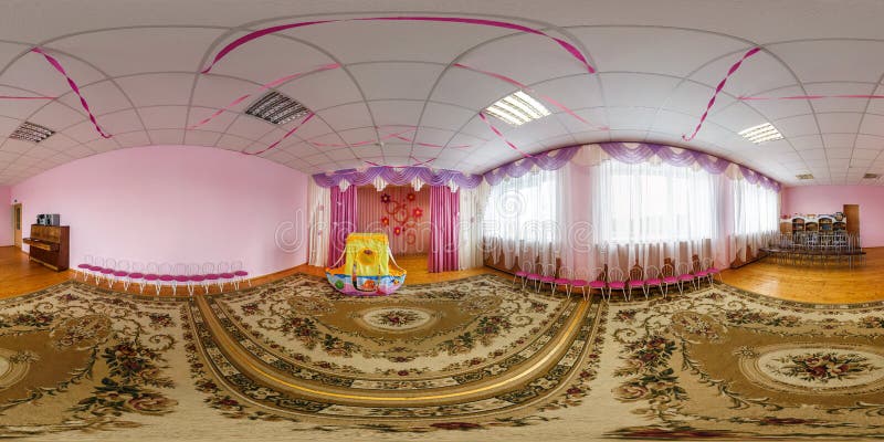 GRODNO, BELARUS -APRIL, 2016: Full seamless panorama 360 angle degrees view inside interior Assembly hall in kindergarten with royalty free stock images GRODNO, BELARUS -APRIL, 2016: Full seamless panorama 360 angle degrees view inside interior Assembly hall in kindergarten with royalty free stock images