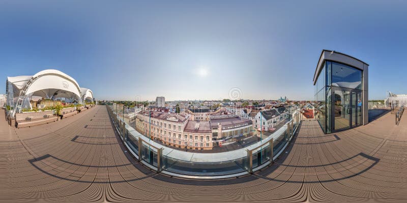 GRODNO, BELARUS - AUGUST, 2018: full seamless spherical hdri panorama 360 degrees angle view in cafe under canopy on roof of building overlooking old town in equirectangular projection. vr ar content.