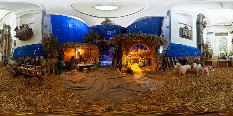 GRODNO, BELARUS - DECEMBER 16, 2012: Full 360 by 180 equirectangular spherical panorama in the Temple Christmas composition of the royalty free stock photos GRODNO, BELARUS - DECEMBER 16, 2012: Full 360 by 180 equirectangular spherical panorama in the Temple Christmas composition of the royalty free stock photos