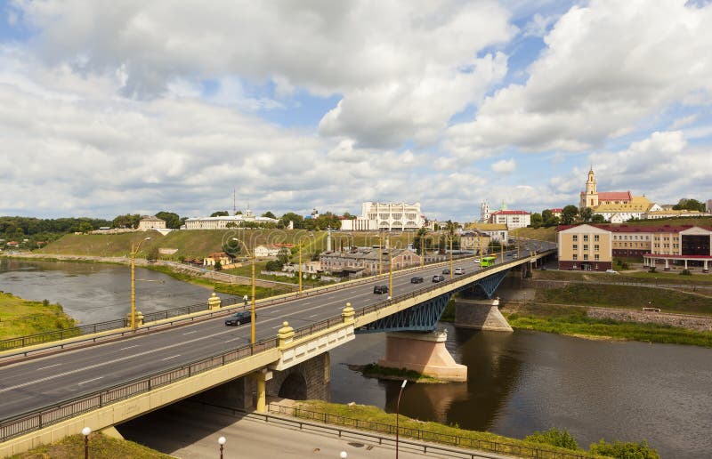 GRODNO, BELARUS - JULY 10, 2016: Photo of Old Bridge, the historic center and the River Neman.