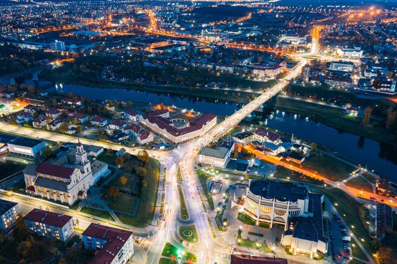Grodno Belarus Night Aerial Bird`s Eye View Of Hrodna Cityscape
