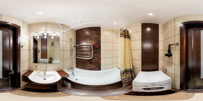 GRODNO, БЕЛАРУСЬ - 19-ое января 2013: Панорама во внутреннем bathroom уборной в коричневом стиле Вполне 360 180 градусами безшовн стоковые фото GRODNO, БЕЛАРУСЬ - 19-ое января 2013: Панорама во внутреннем bathroom уборной в коричневом стиле Вполне 360 180 градусами безшовн стоковые фото