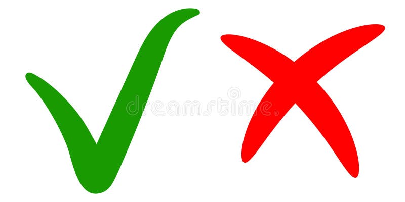 Groen vinkje, o.k. tekengoedkeuring, juiste keus, de weigering van het rood kruisteken, vectortik en dwarshand getrokken kalligra vector illustratie Groen vinkje, o.k. tekengoedkeuring, juiste keus, de weigering van het rood kruisteken, vectortik en dwarshand getrokken kalligra vector illustratie