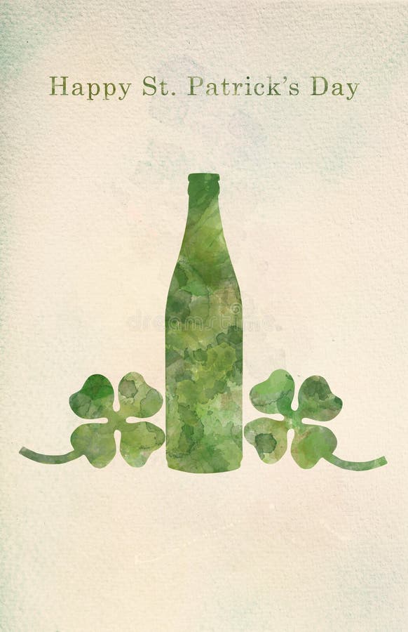 Groene bierfles en klavertjevieren in waterverf het schilderen stock illustratie Groene bierfles en klavertjevieren in waterverf het schilderen stock illustratie