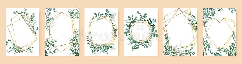 Groene bladframes. Uitnodigingen voor lente bruiloft florale takken goudgeometrische grenzen. elegante florframes vector