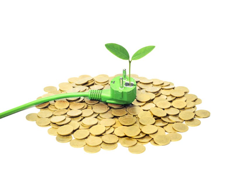 Green plug with a young green plant on golden pile of coins / Green energy create wealth and sustainability concept. Green plug with a young green plant on golden pile of coins / Green energy create wealth and sustainability concept