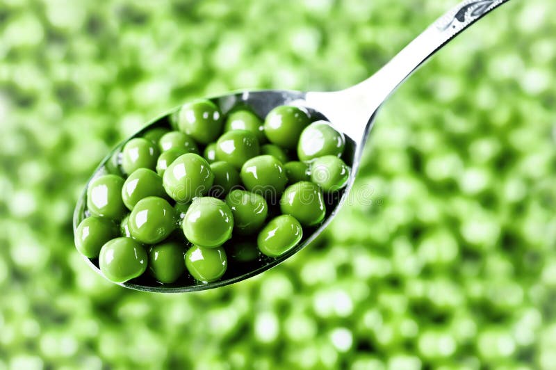 Wet green peas on the spoon. Wet green peas on the spoon