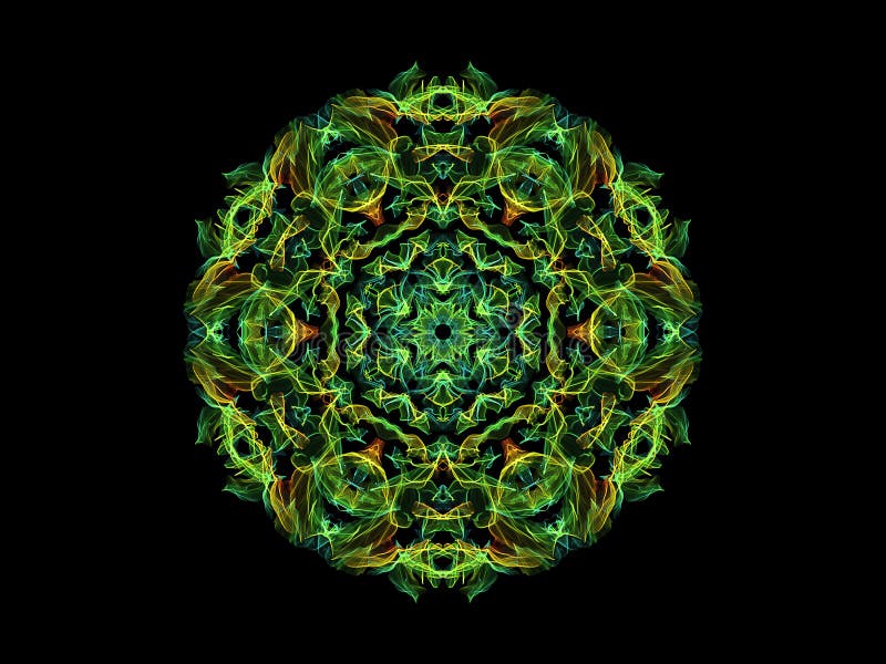 Groene, gele, oranje en blauwe, abstracte vlam mandala-bloem, ornamental florale ronde-patroon op zwarte achtergrond. thema Yoga royalty-vrije illustratie Groene, gele, oranje en blauwe, abstracte vlam mandala-bloem, ornamental florale ronde-patroon op zwarte achtergrond. thema Yoga royalty-vrije illustratie