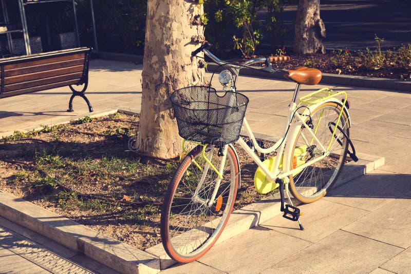 Groene klassieke moderne fiets met mand op de zonsondergang royalty-vrije stock foto's Groene klassieke moderne fiets met mand op de zonsondergang royalty-vrije stock foto's