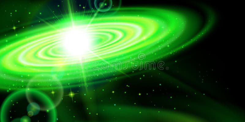 Space background. Green galaxy with bright flash among stars in dark universe. Space background. Green galaxy with bright flash among stars in dark universe