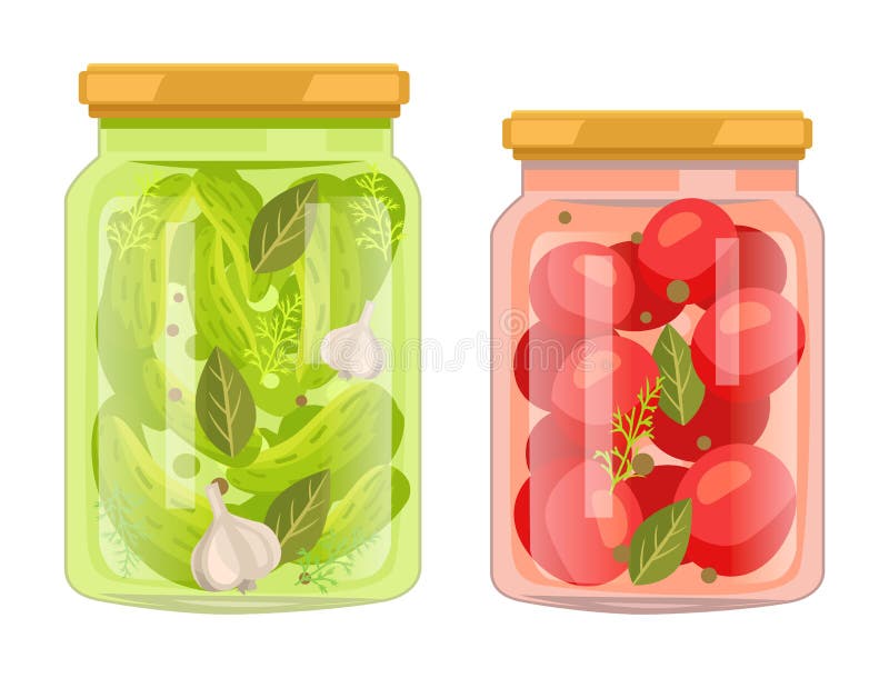 Groenten in het zuur en Ingeblikte Tomaten met Laurierbladflessen royalty-vrije illustratie Groenten in het zuur en Ingeblikte Tomaten met Laurierbladflessen royalty-vrije illustratie