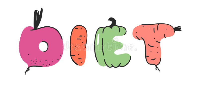 Groenten van de beeldverhaal de vectorillustratie en vruchten en woorddieet Getrokken hand het trekken van vegetarisch voedsel Da stock illustratie Groenten van de beeldverhaal de vectorillustratie en vruchten en woorddieet Getrokken hand het trekken van vegetarisch voedsel Da stock illustratie