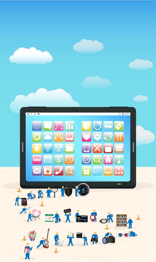 Groep die miniarbeider een tablet bouwen stock illustratie Groep die miniarbeider een tablet bouwen stock illustratie