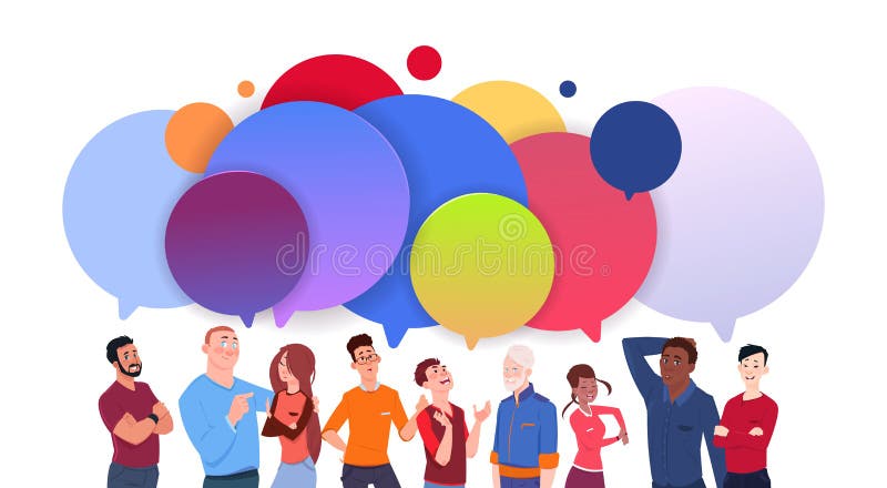 Groep Diverse Mensen met het Kleurrijke van het Beeldverhaalmannen en Vrouwen van Praatjebellen Sociale Concept van Media Communi