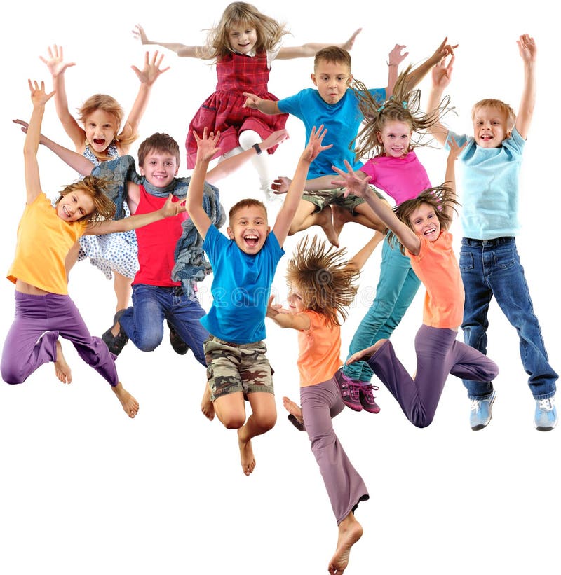 Groep gelukkige vrolijke sportieve en kinderen die springen dansen royalty-vrije stock foto's Groep gelukkige vrolijke sportieve en kinderen die springen dansen royalty-vrije stock foto's