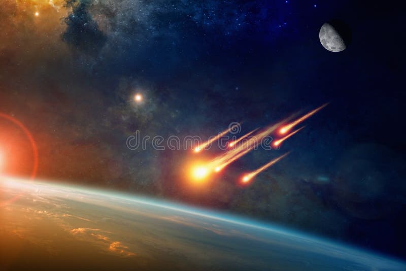 Groep het branden exploderende asteroïdenbenaderingen van aarde royalty-vrije stock fotografie Groep het branden exploderende asteroïdenbenaderingen van aarde royalty-vrije stock fotografie