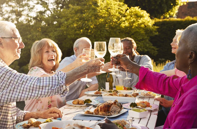 Groep Hogere Vrienden die een Toost maken bij Openluchtdinerpartij royalty-vrije stock afbeelding Groep Hogere Vrienden die een Toost maken bij Openluchtdinerpartij royalty-vrije stock afbeelding