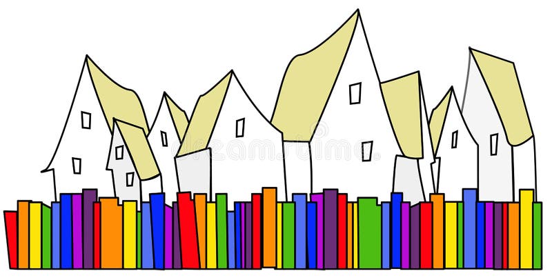 Groep huizen met regenboogomheining vooraan royalty-vrije illustratie Groep huizen met regenboogomheining vooraan royalty-vrije illustratie
