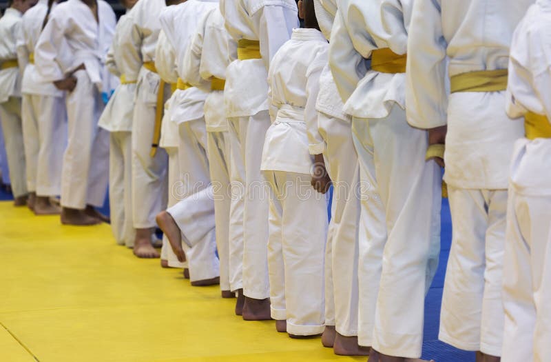 Group of children in kimono standing on tatami on martial arts training seminar. Selective focus. Group of children in kimono standing on tatami on martial arts training seminar. Selective focus