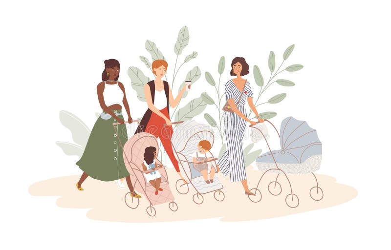 Groep leuke vrouwen met babys in kinderwagens en wandelwagens Mamma's die met hun zuigelingskinderen lopen Gemeenschap van jongel