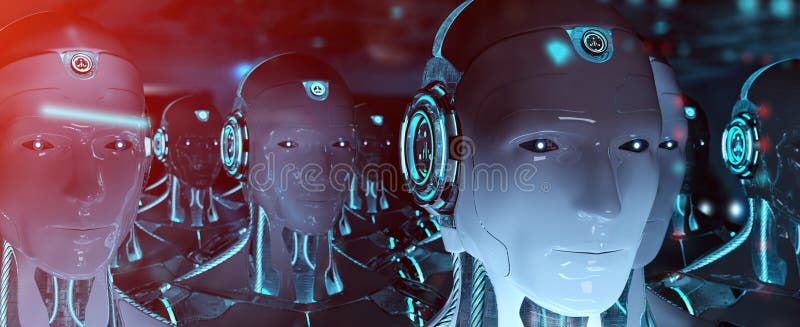 Groep mannelijke robots na leiders cyborg leger het 3d teruggeven stock illustratie Groep mannelijke robots na leiders cyborg leger het 3d teruggeven stock illustratie