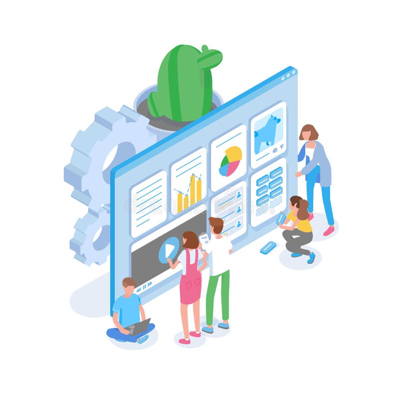 Groep mensen die zich voor het reuzecomputerscherm bevinden en website voor zoekmachines optimaliseren SEO Analytics vector illustratie Groep mensen die zich voor het reuzecomputerscherm bevinden en website voor zoekmachines optimaliseren SEO Analytics vector illustratie