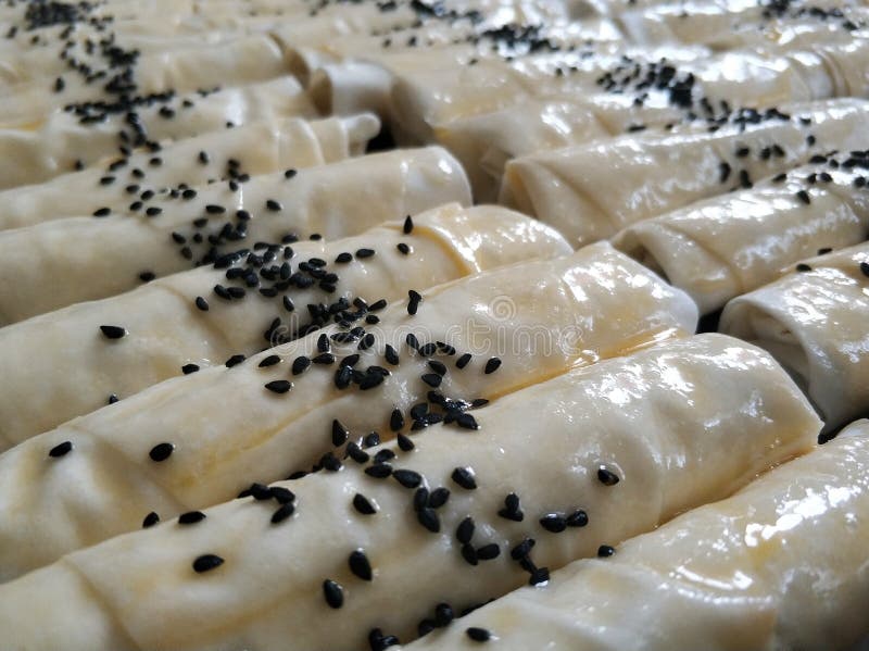 Groep ruw pasteitje in een bakselblad, borek royalty-vrije stock afbeeldingen Groep ruw pasteitje in een bakselblad, borek royalty-vrije stock afbeeldingen