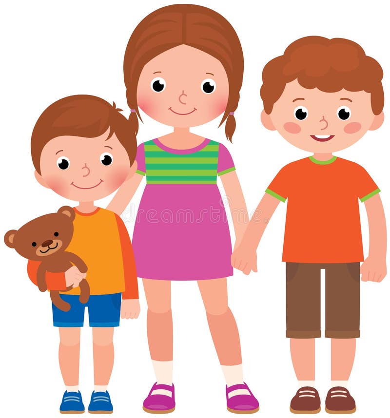 Groep van kleine kinderen jongens en een meisje met volledige lengte vrienden of familievectorillustratie van een tekenfilm